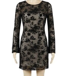 Vintage Y2K Style Floral Burnout Velvet Mesh Whimsigoth Mini Dress Bell Sleeve S